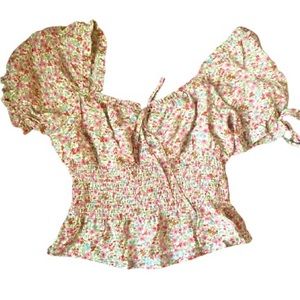 Multicolor spring puff sleeve stretchy top womens size medium